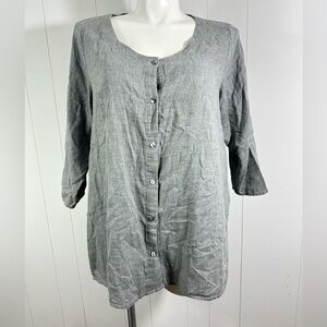 Pure Jill Womens Sz L Gray Button Up Shirt 3/4 Sleeve 100% Cotton Soft